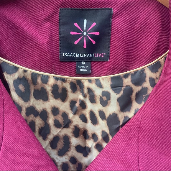 Isaac Mizrahi Live Leopard Cheetah Burgundy Plum Long Button Trench Coat Jacket - Picture 3 of 8